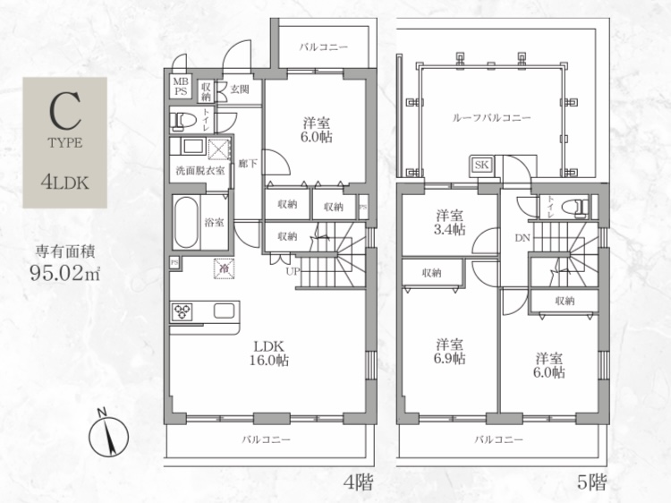4LDKメゾネット（Cタイプ）間取り図